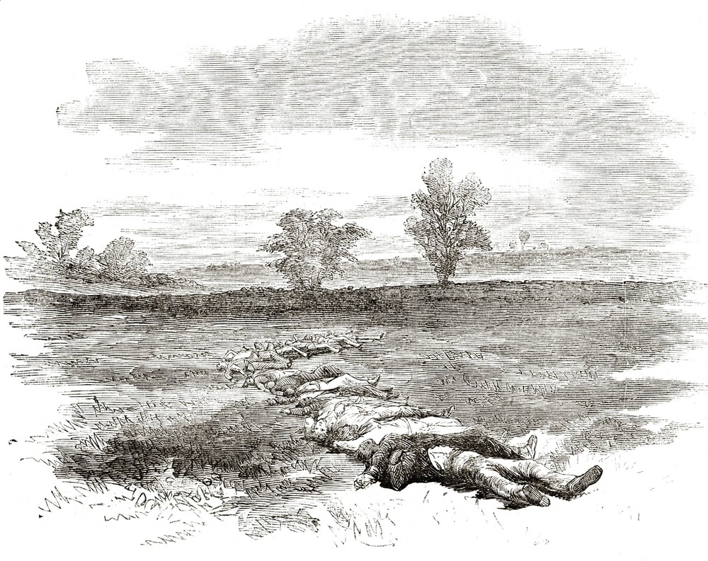 Bodies gathered for burial, created from an Alexander Gardner photograph