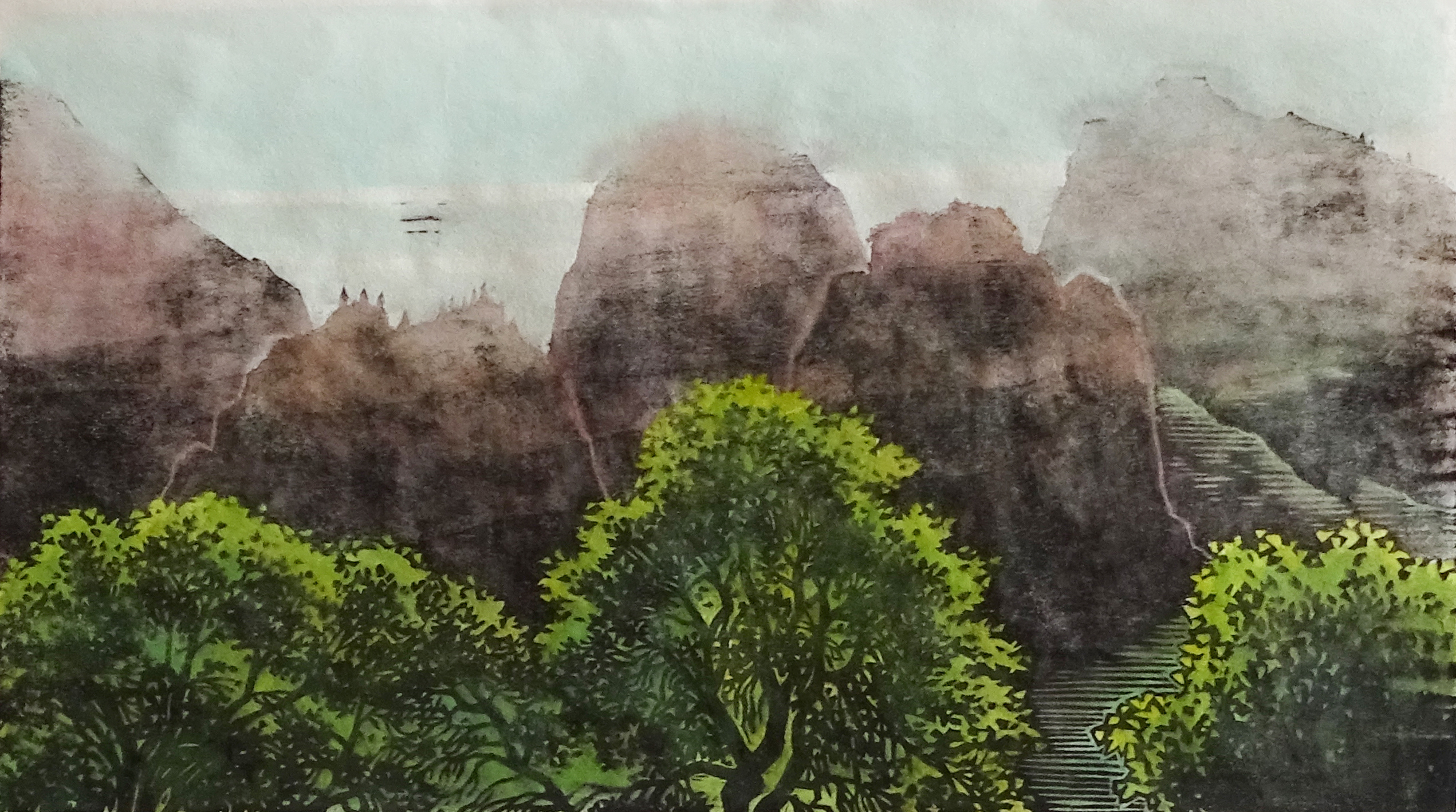 A colored image made with ink on paper. In the foreground, black trees stand with bushy green leaves. In the middleground, tall brick-red sandstone cliffs stand above the trees. The background is a light blue sky.