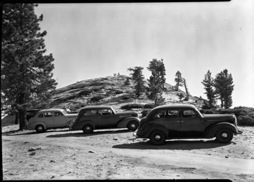 Copy Neg: Leroy Radanovich, April 2001. Cars parked on steep slope at Sentinel Dome.
