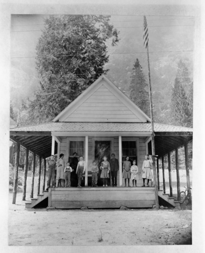 Old Schoolhouse near present site of Le Conte Lodge. Photographer: Julius Theodore Boysen (?)