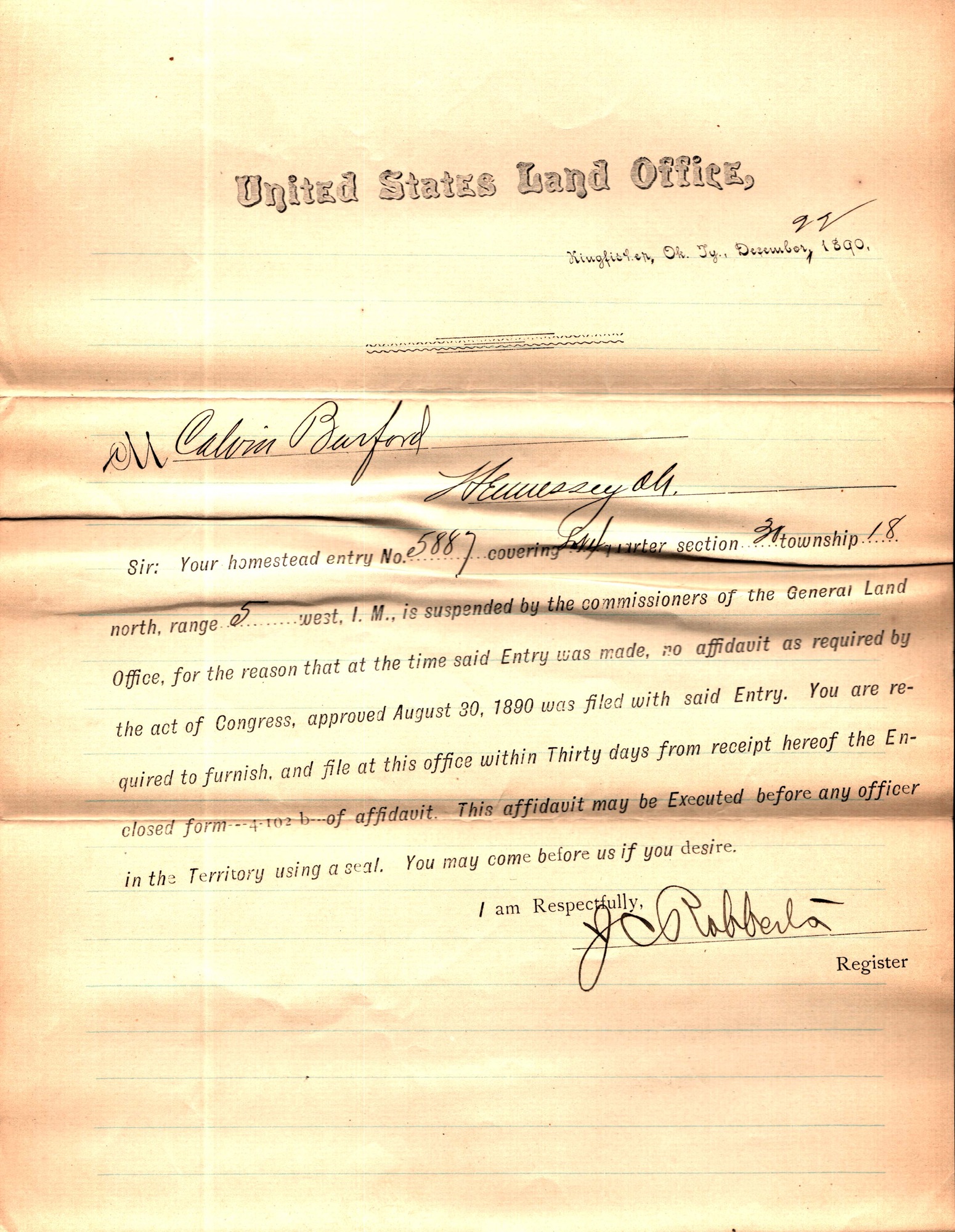 Yellowing scanned Homesteading case file. Transcribed text from the scan is found in the image description. Shadowing shows where the document was folded in three parts horizontally. Additional crease lines are visible on the page. Lined paper shows through.