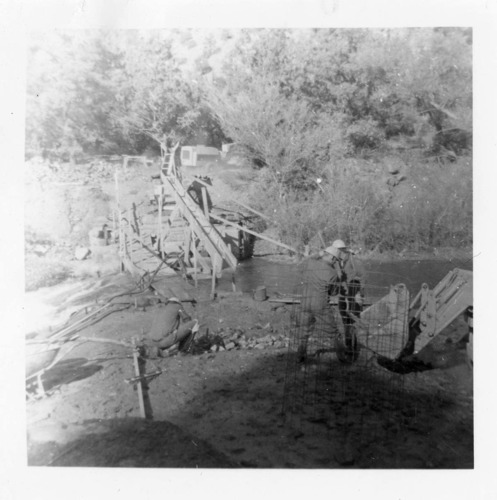 BW photo of the construction/modification of the Canyon Junction Spillway on the Virgin River.