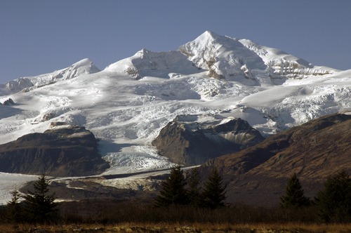 Rugged Mt Steller looms over Hallo Bay.