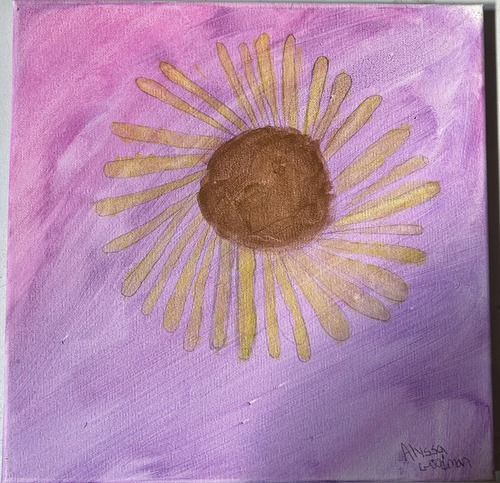 A painting of a sunflower with a purple background.