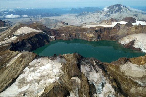 Peering inside Katmai Caldera, with Mt Griggs in background.