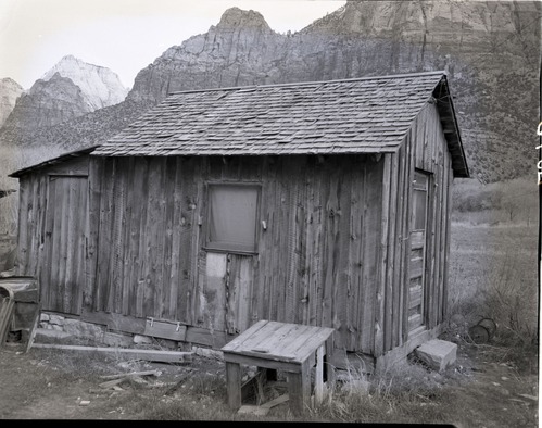 Shed belonging to Samuel Heber and Mildred C. Crawford property, east of Virgin River, south of park boundary.