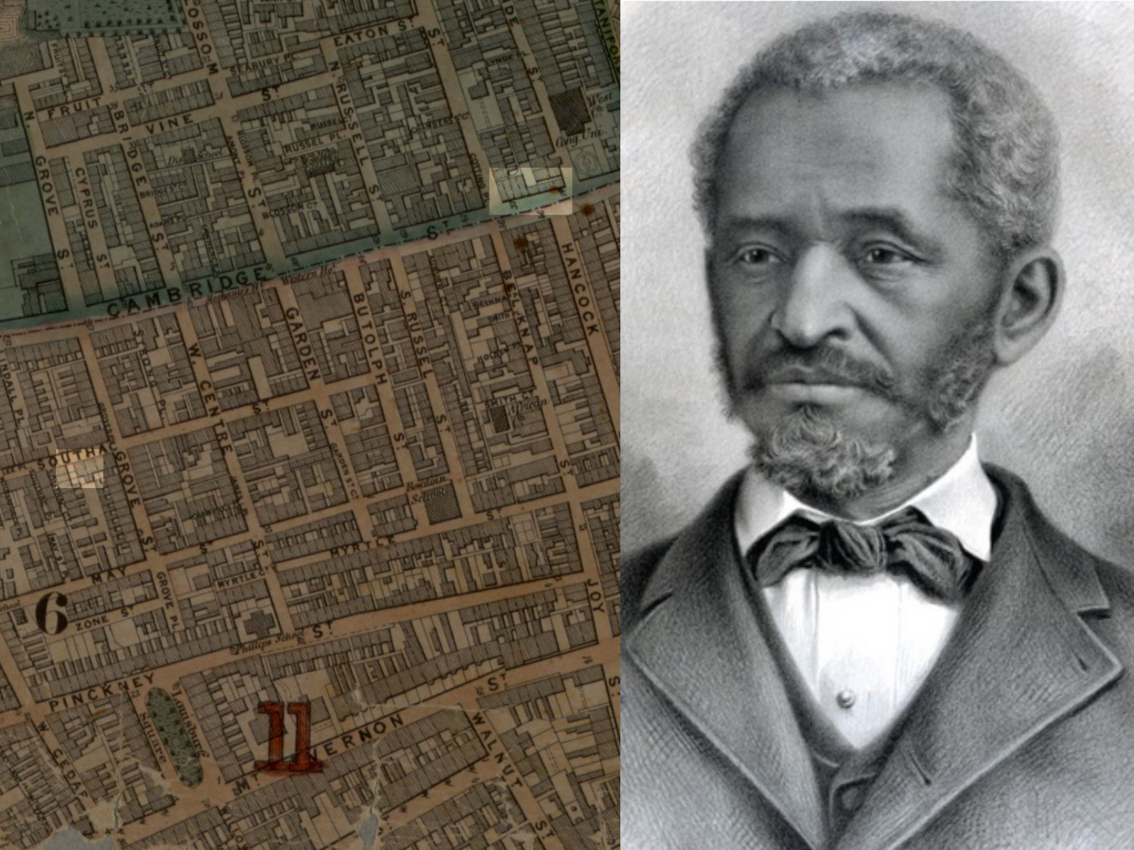 Portrait of Lewis Hayden next to a map of Beacon Hill, with his home on Southac Street highlighted, as well as William Craft's shop on Cambridge Street.
