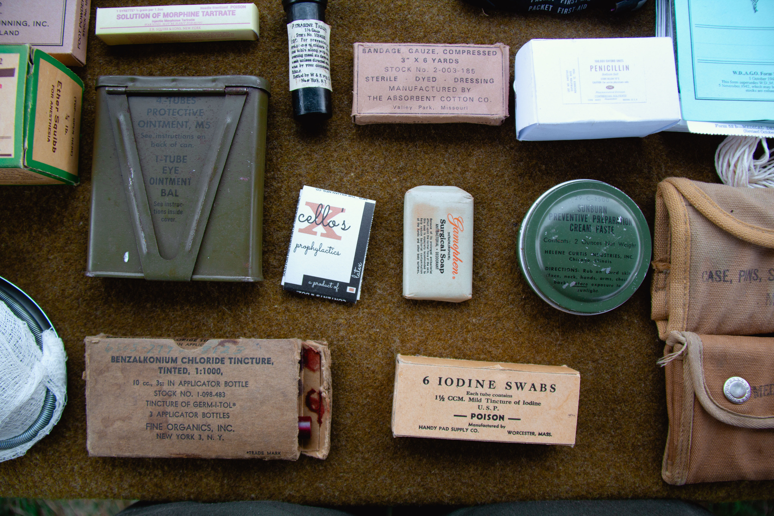 A variety of medical items on a blanket