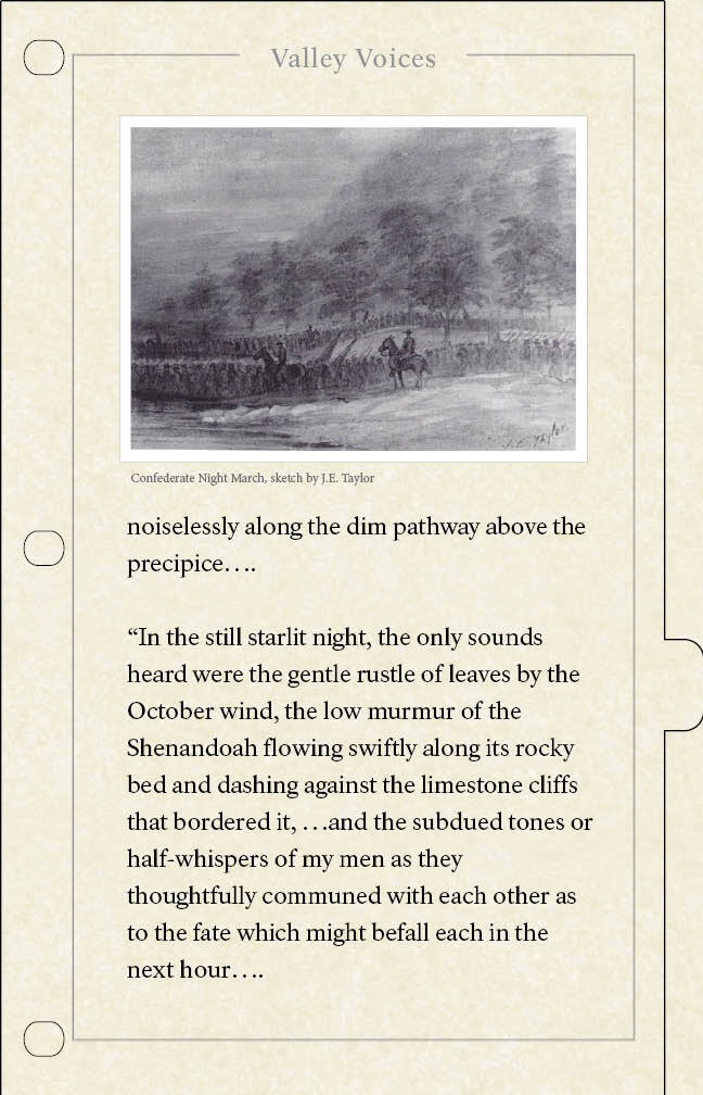 A page in an exhibit flip book continues a first-person passage and drawing describing the night march of soldiers. 