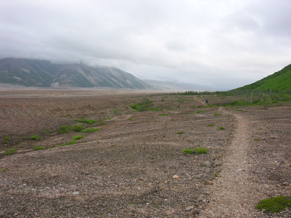 An unmaintained trail works its way across Windy Creek and up into the famed Valley of Ten Thousand Smokes. The trail disappears on the other side of the Buttress Range when it is blasted by high winds year round. Those fortunate enough to experience a trip into the Valley are NEVER dissappointed, although stories of cold, wet, and dusty expeditions are common.