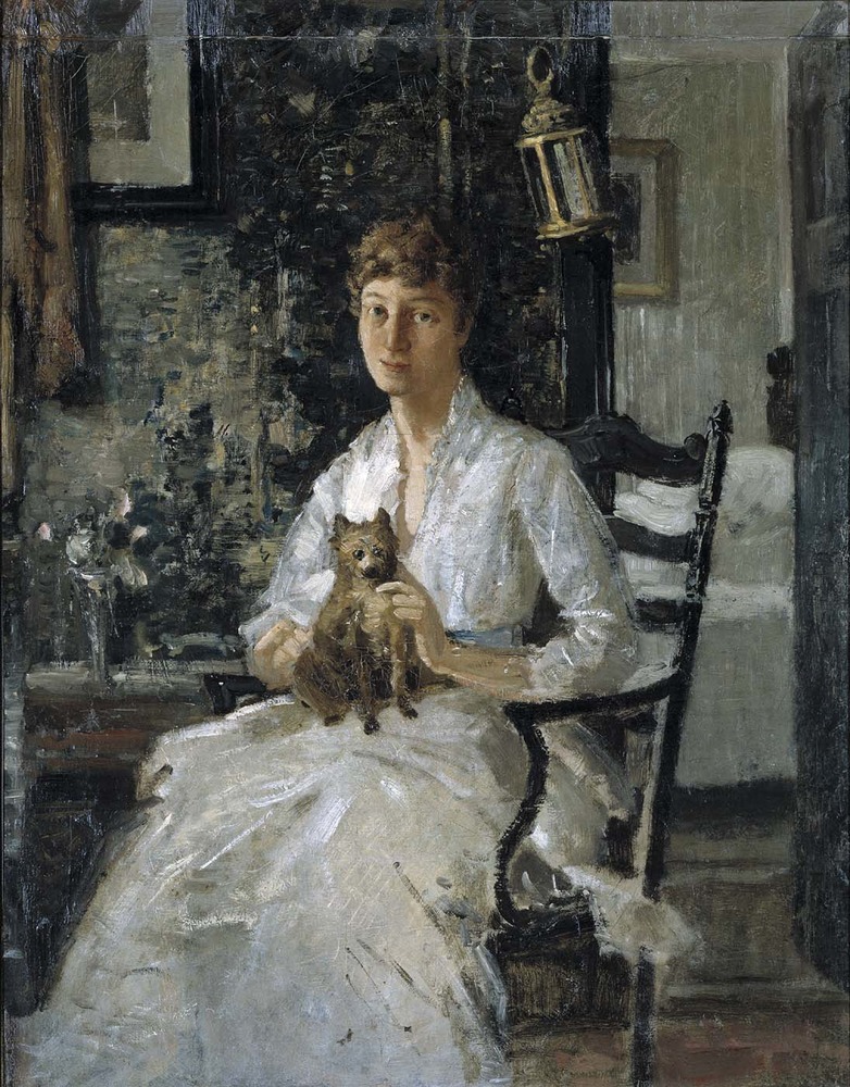 A painting of a young women in a white dress sitting in a chair holding a small dog.