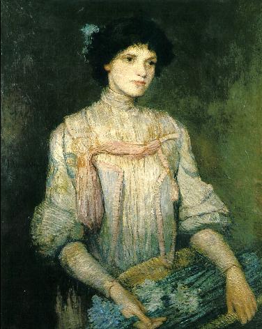 A painting of a girl with dark hair  carrying a basket full of flowers.