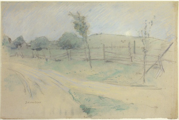 A pastel of dirt road in the dark with the moon rising in the distance.