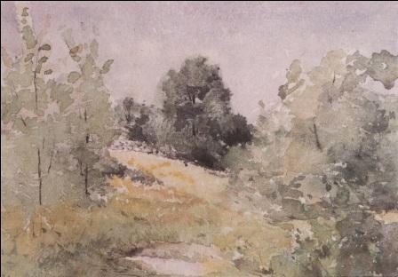 A painting of a forest with green tress and shrubs.