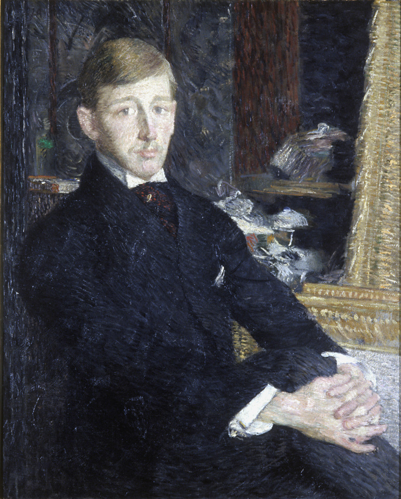 A painting of an man sitting cross legged in a chair with a black tux on.