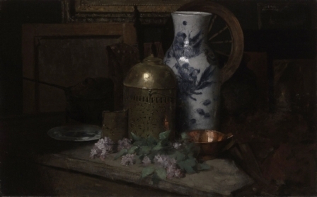 A painting of a vase and two bowls on a table.