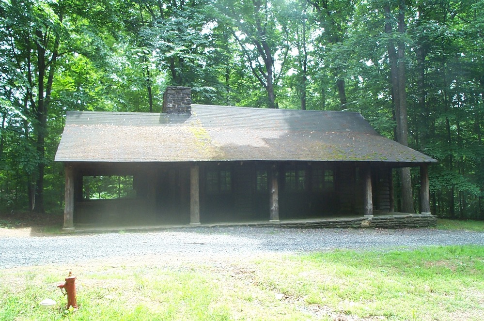 Large wooden cabin building with a stone fireplace and large stone porch at the edge of a green forest