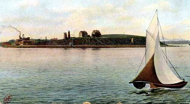 Vintage postcards of Boston Harbor, such as this, show the islands prior to the 20th century. In this postcard, a small sailboat is passing Spectacle on the east side of the island.