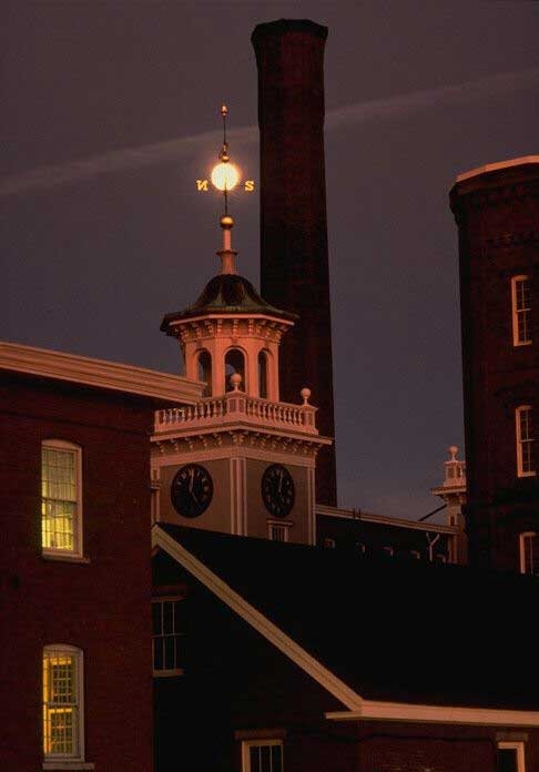 Night falls on another day at the Boott Cotton Mills Museum.