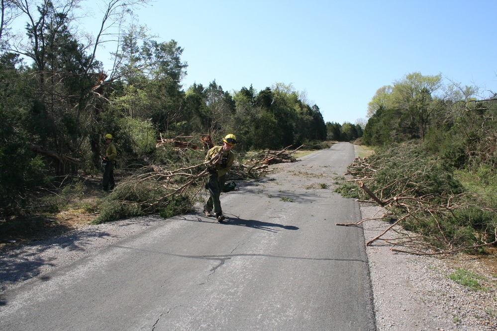 Members of the Natchez Trace Parkway fire team clear fallen trees from the tour road.