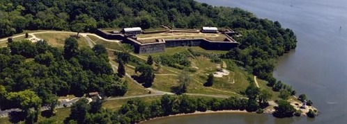 Aerial view of Fort Washington with lighthouse on point.