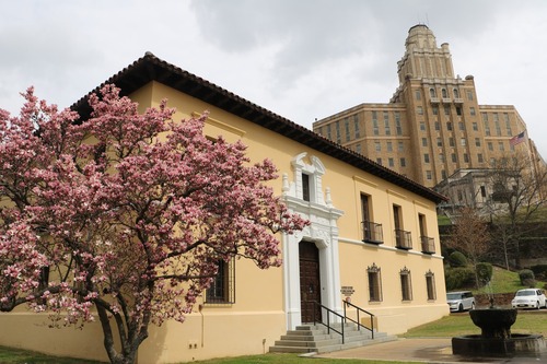 Yellow building with a pink blooming tree next to it. A large, art deco style building is in the background.