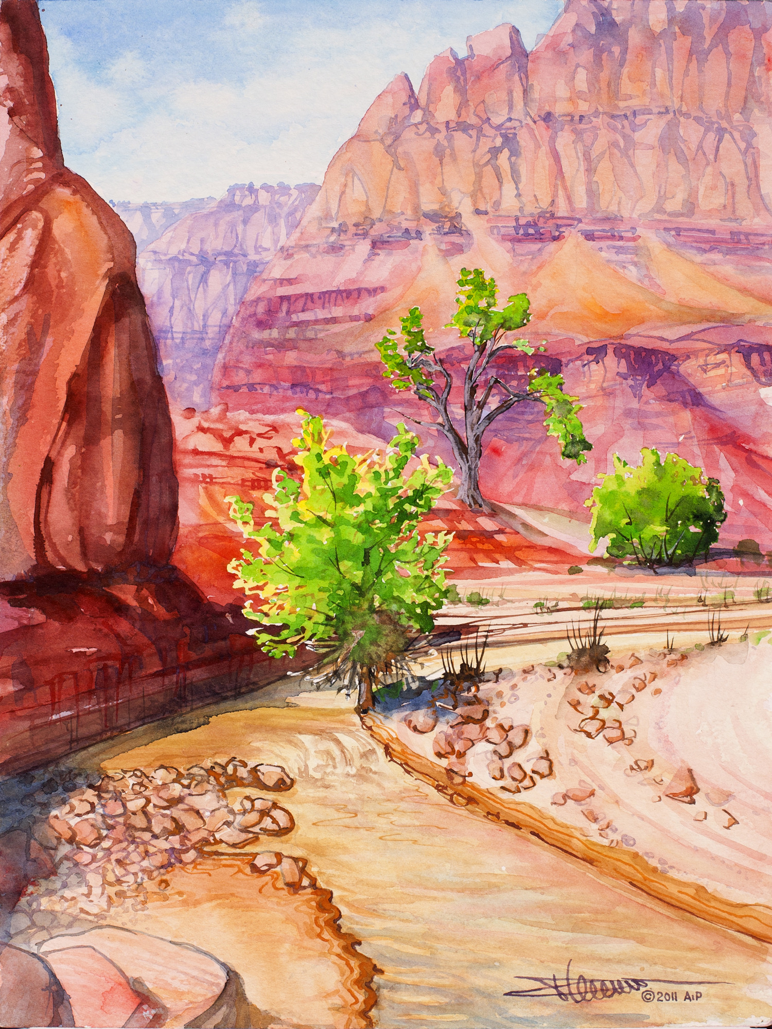watercolor painting of a muddy river with a few trees along the shore in a sandstone canyon.