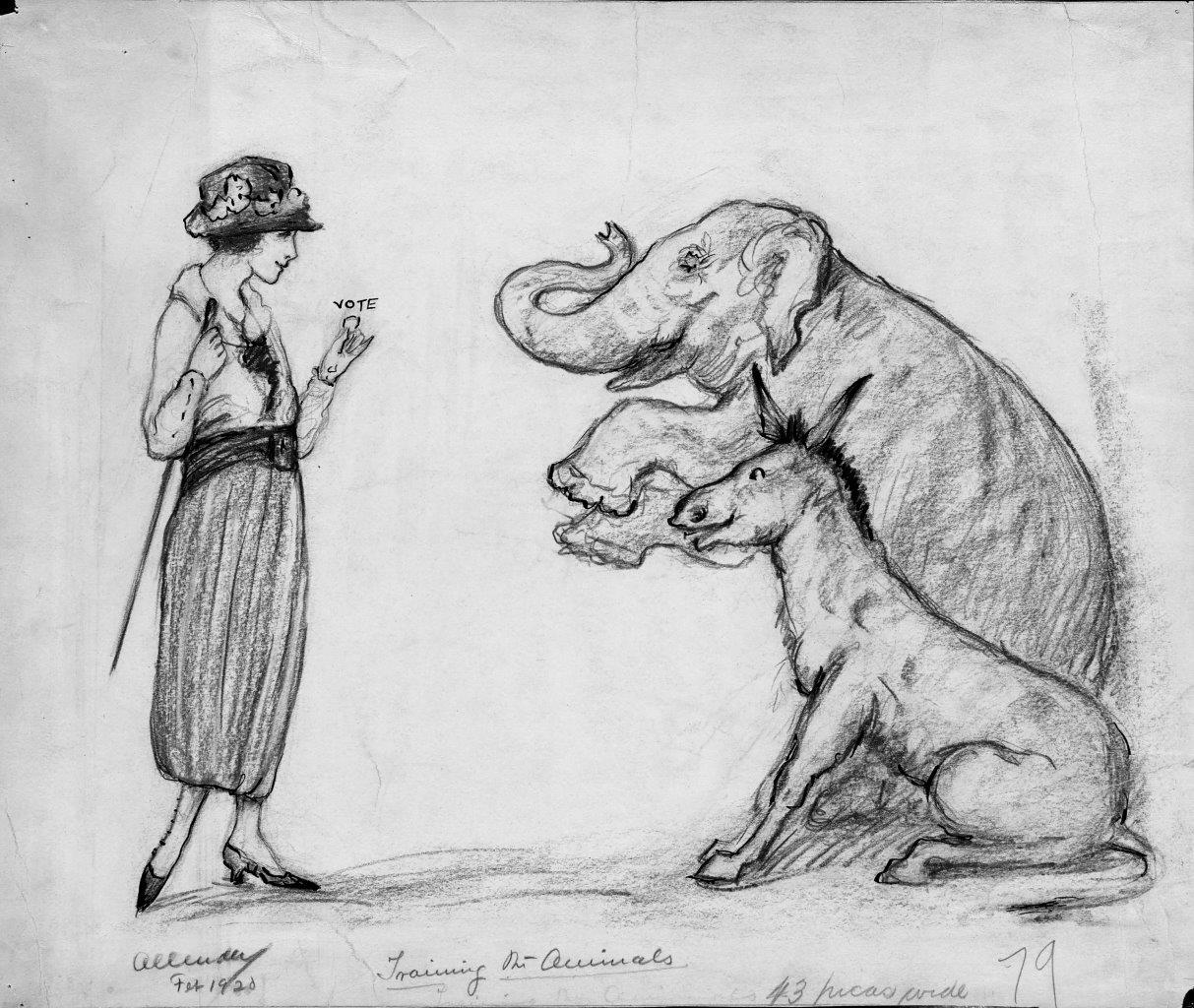 Drawing of a woman holding a treat labeled "vote" for an elephant and a donkey
