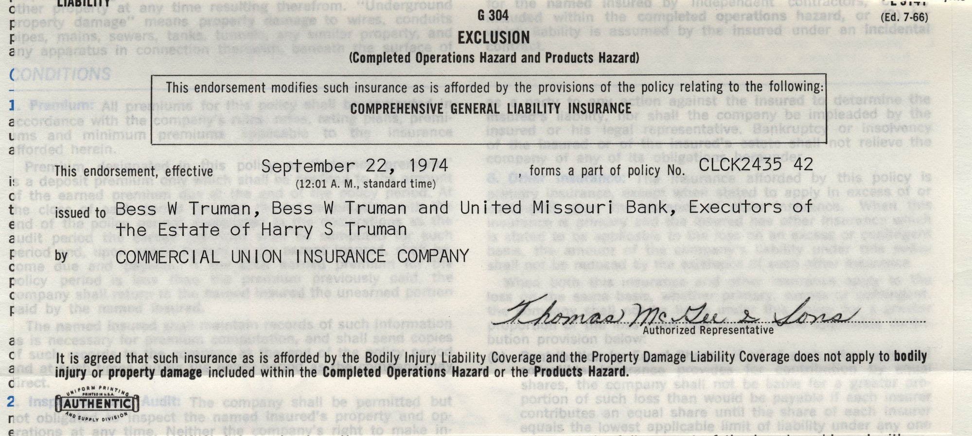 A booklet with a light blue cover and insurance policy forms and information inside.