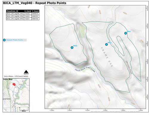 Map of repeat photo point locations for one of fifteen areas where long-term monitoring of sage-steppe vegetation occurs starting in 2011 in Bighorn Canyon National Recreation Area.