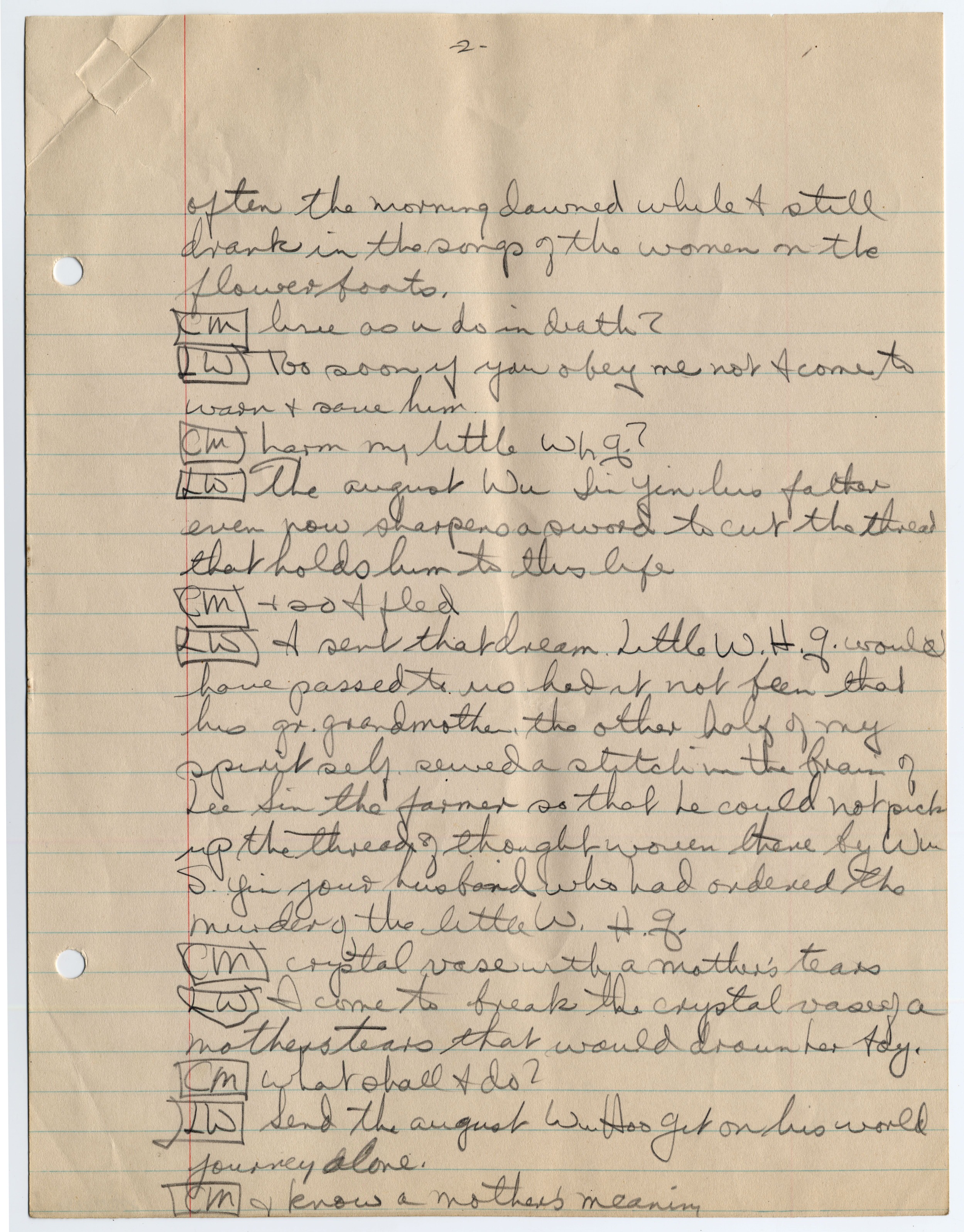 A play written in pencil on four pieces of lined notebook paper.