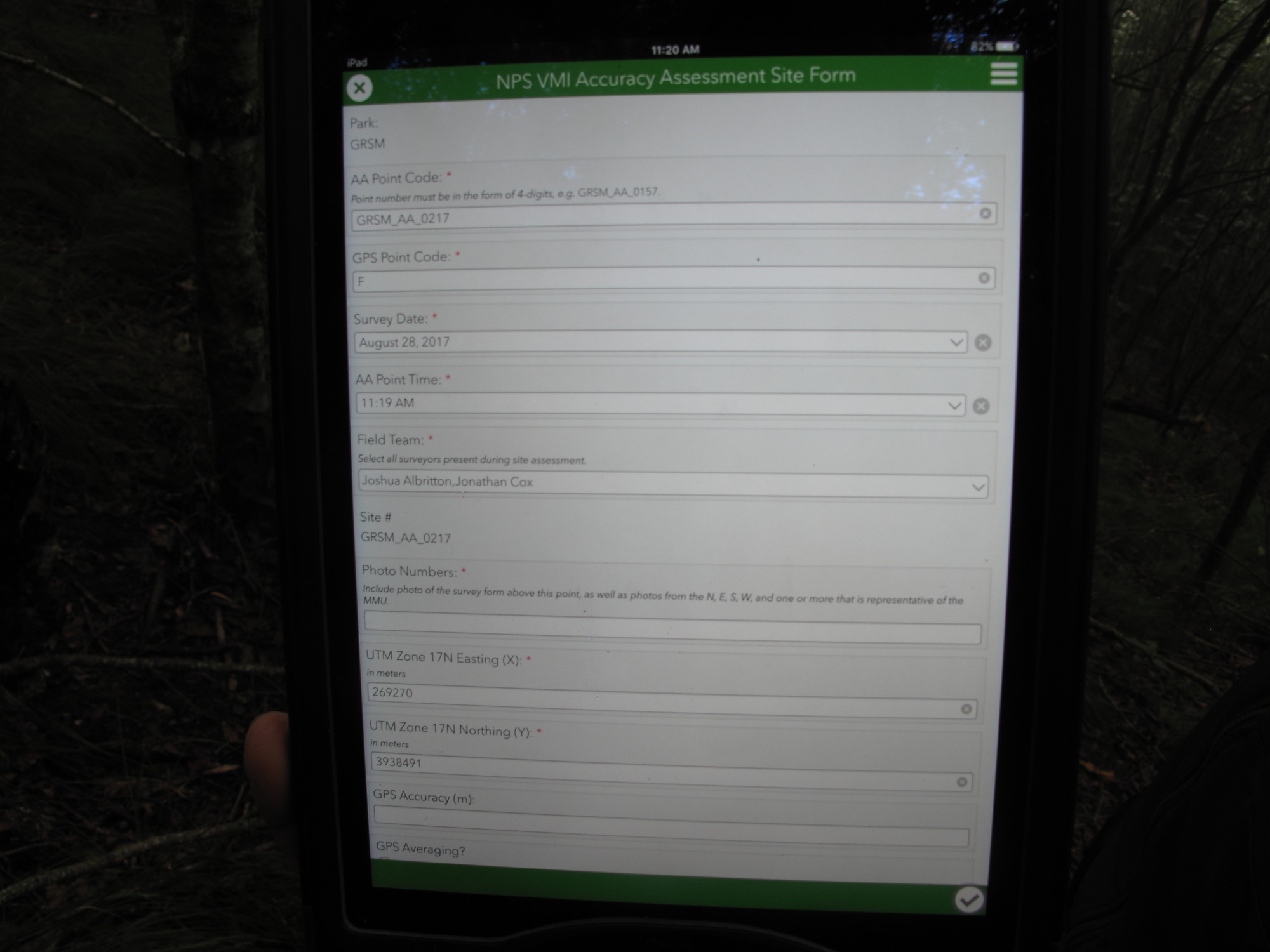 GRSM Accuracy Assessment. Plot Code: GRSM_AA_0217_1