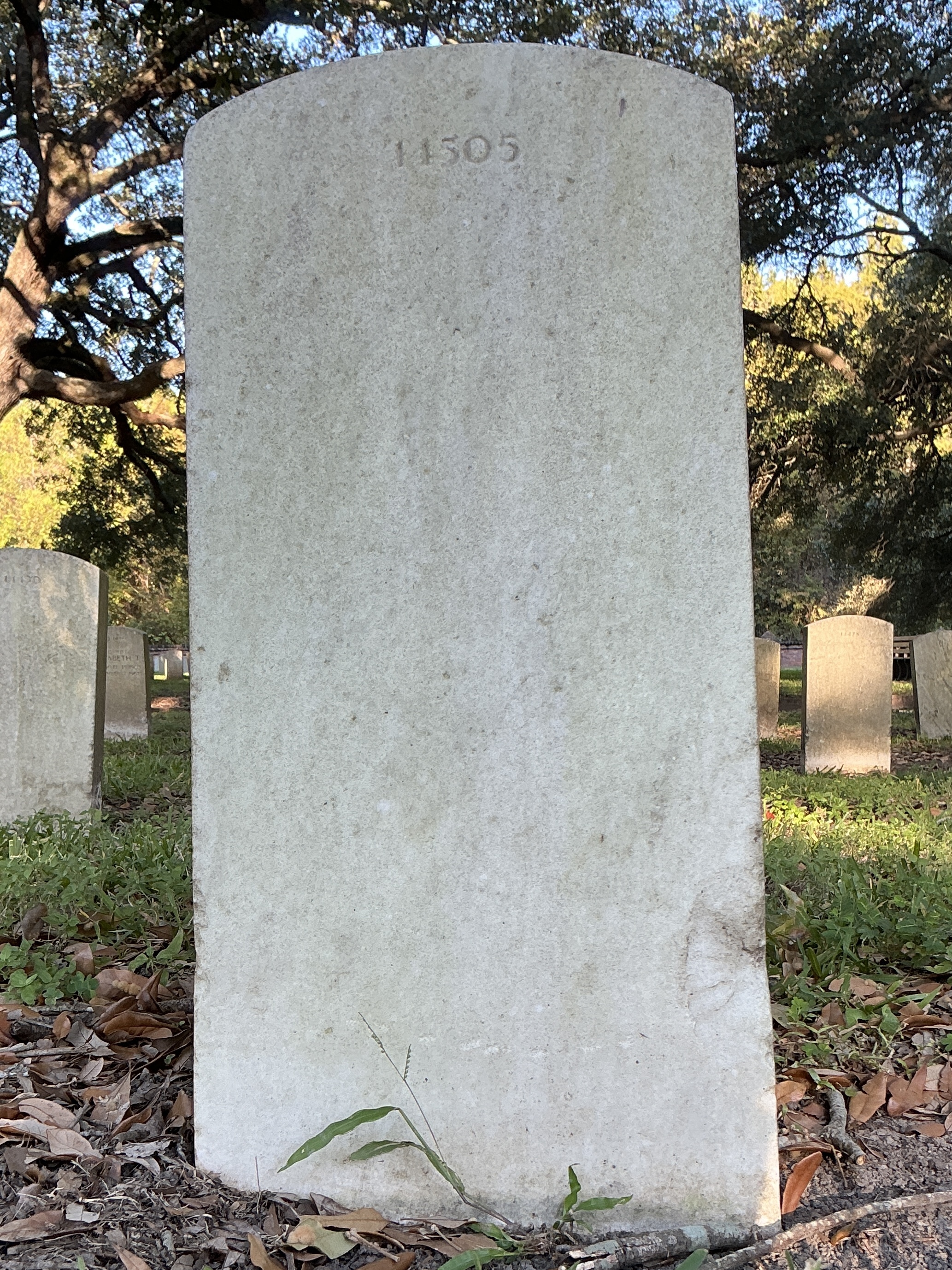 Back of upright marble headstone with flat face.