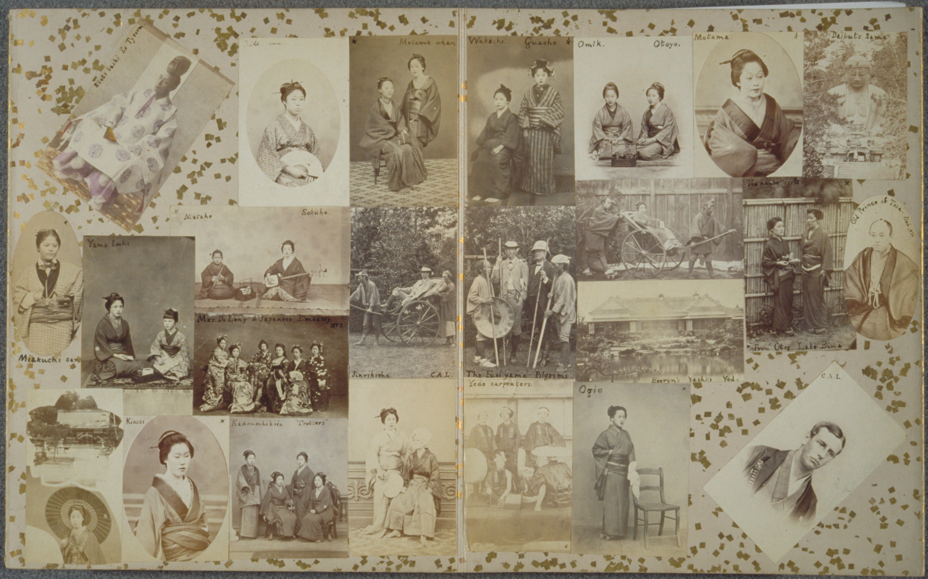 25 carte-de-visite photographs, some cut out in ovals, adhered on an album page, some in grid and some at an angle. Portraits of young women, Charles Longfellow, and Charles in groups of men.
