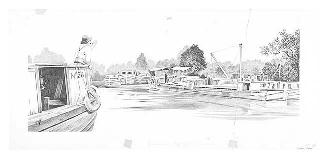 Scene depicts the Seneca Turning Basin in its heyday with wharves, canal boats, canalers greeting one another, etc.