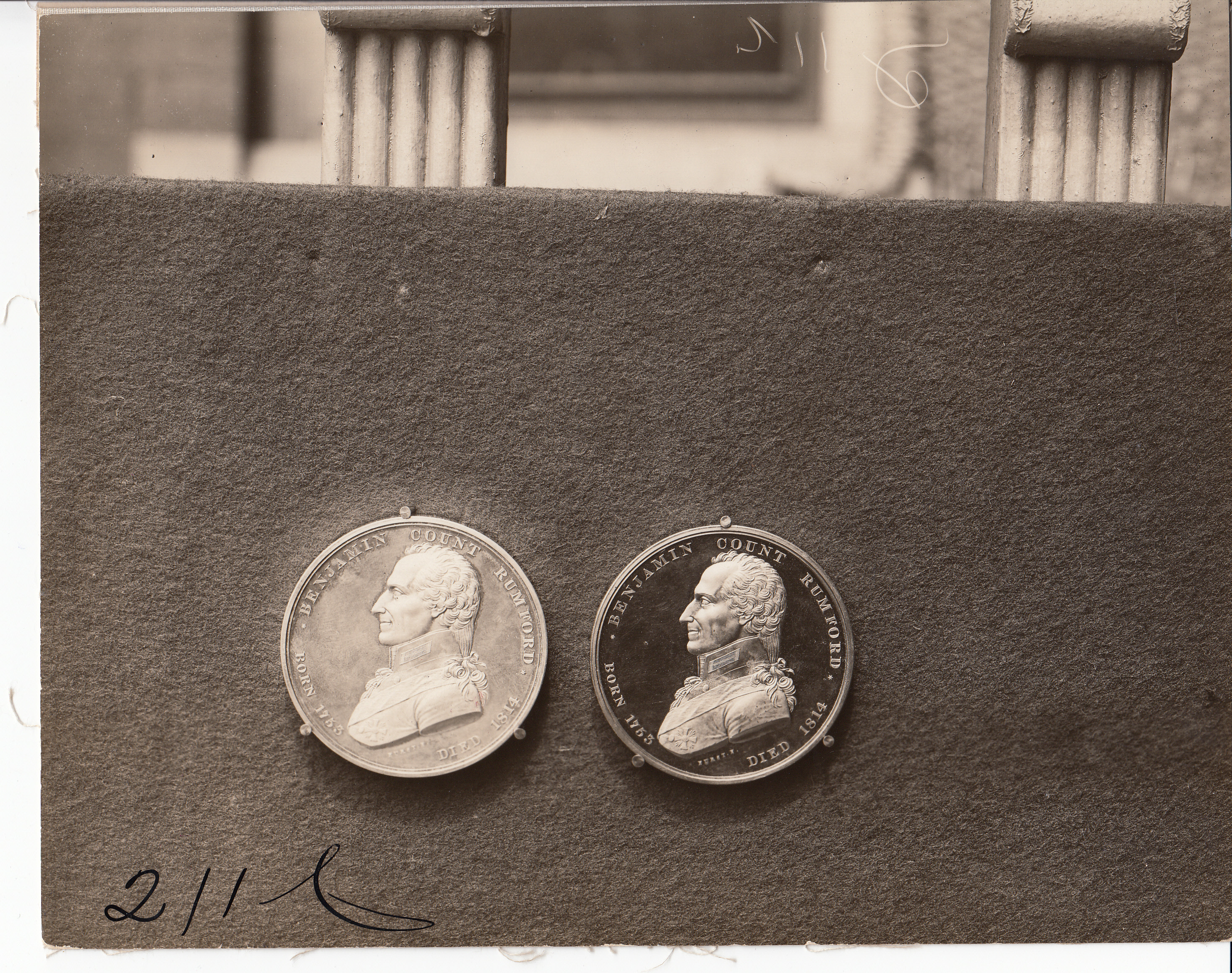 Two Benjamin Count Rumford medals (1895) for discoveries in light or heat, bust side.