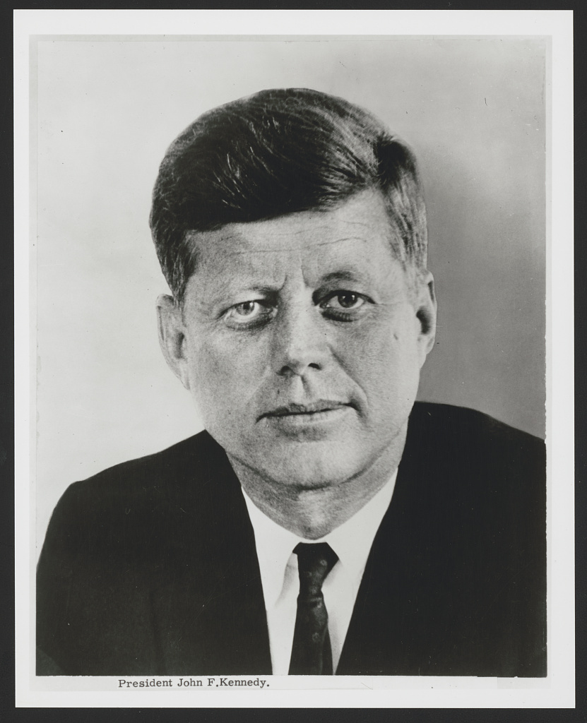 Grayscale portrait of President John F. Kennedy