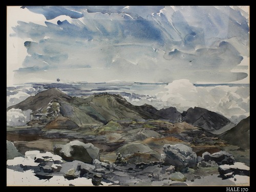 watercolor painting depicts a scenic panorama of Haleakalā Crater as seen from the west crater rim near the Visitor Center.