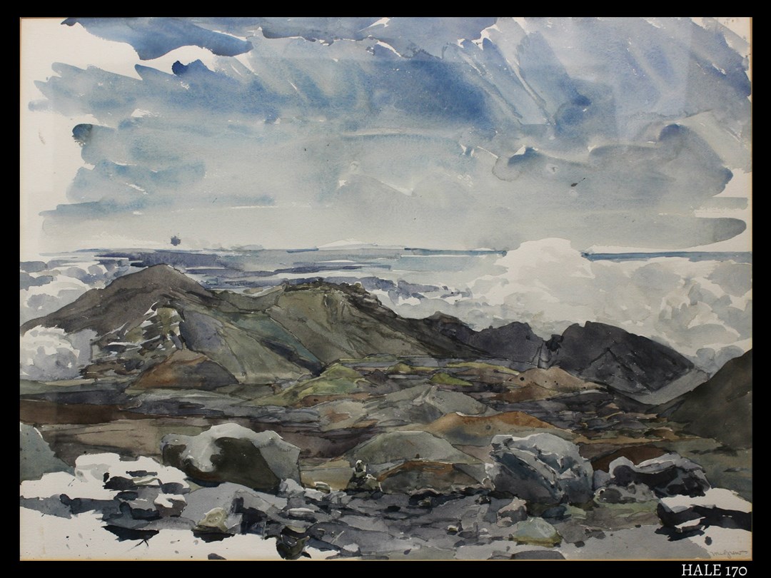 watercolor painting depicts a scenic panorama of Haleakalā Crater as seen from the west crater rim near the Visitor Center.