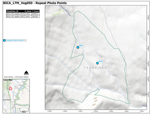 Map of repeat photo point locations for one of fifteen areas where long-term monitoring of sage-steppe vegetation occurs starting in 2011 in Bighorn Canyon National Recreation Area.