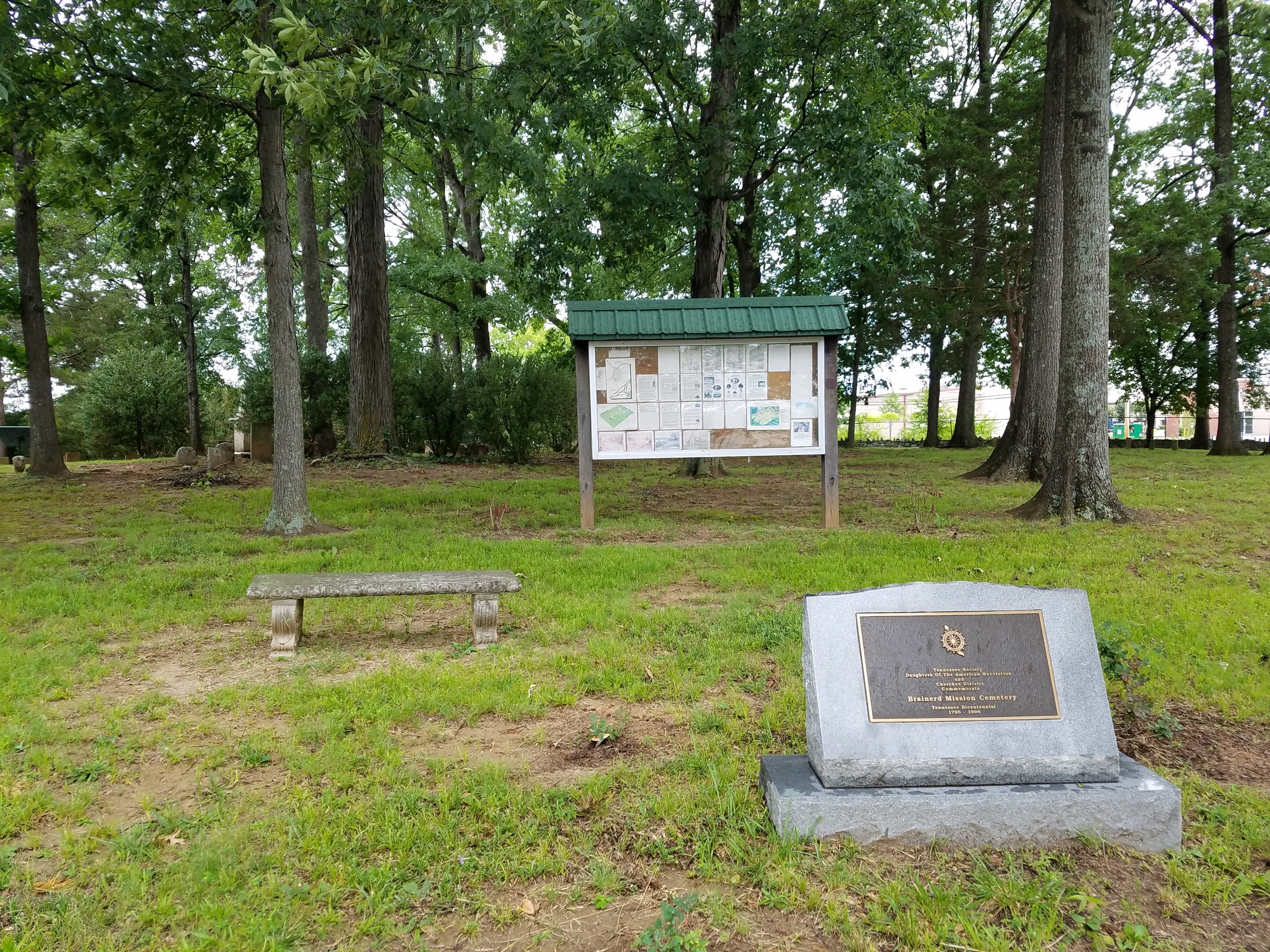 A kiosk and marker at the Brainerd Mission Cemetery in Chattanooga, Tennessee