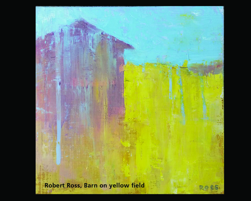 Abstract painting of lavender barn in yellow field with blue sky.