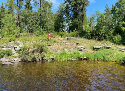 View of a rocky and grassy shoreline for the houseboat access of site. A fire ring and sign are viewable with pine trees in background.