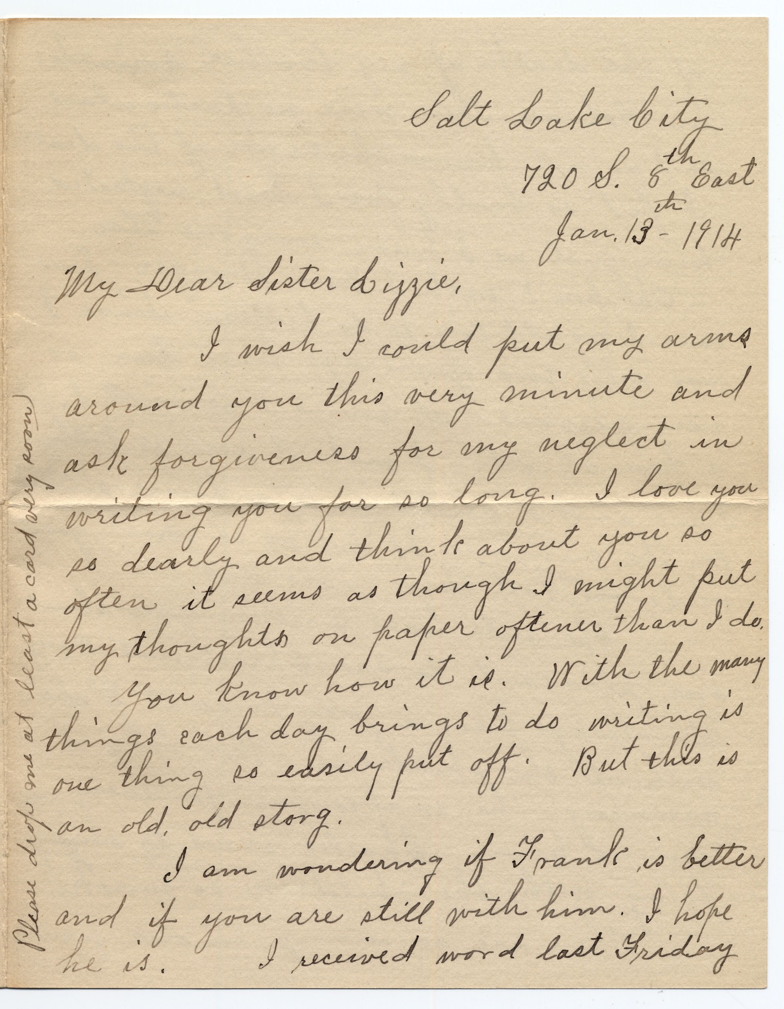 A letter written on the front and back of white paper. It's written in cursive with black ink.