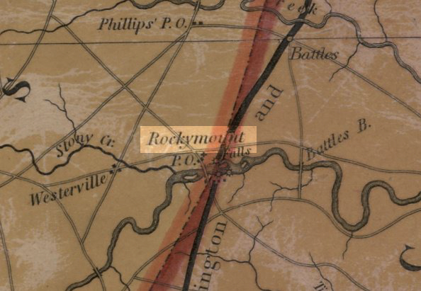 State map zoomed in on Rocky Mount with the area highlighted. 