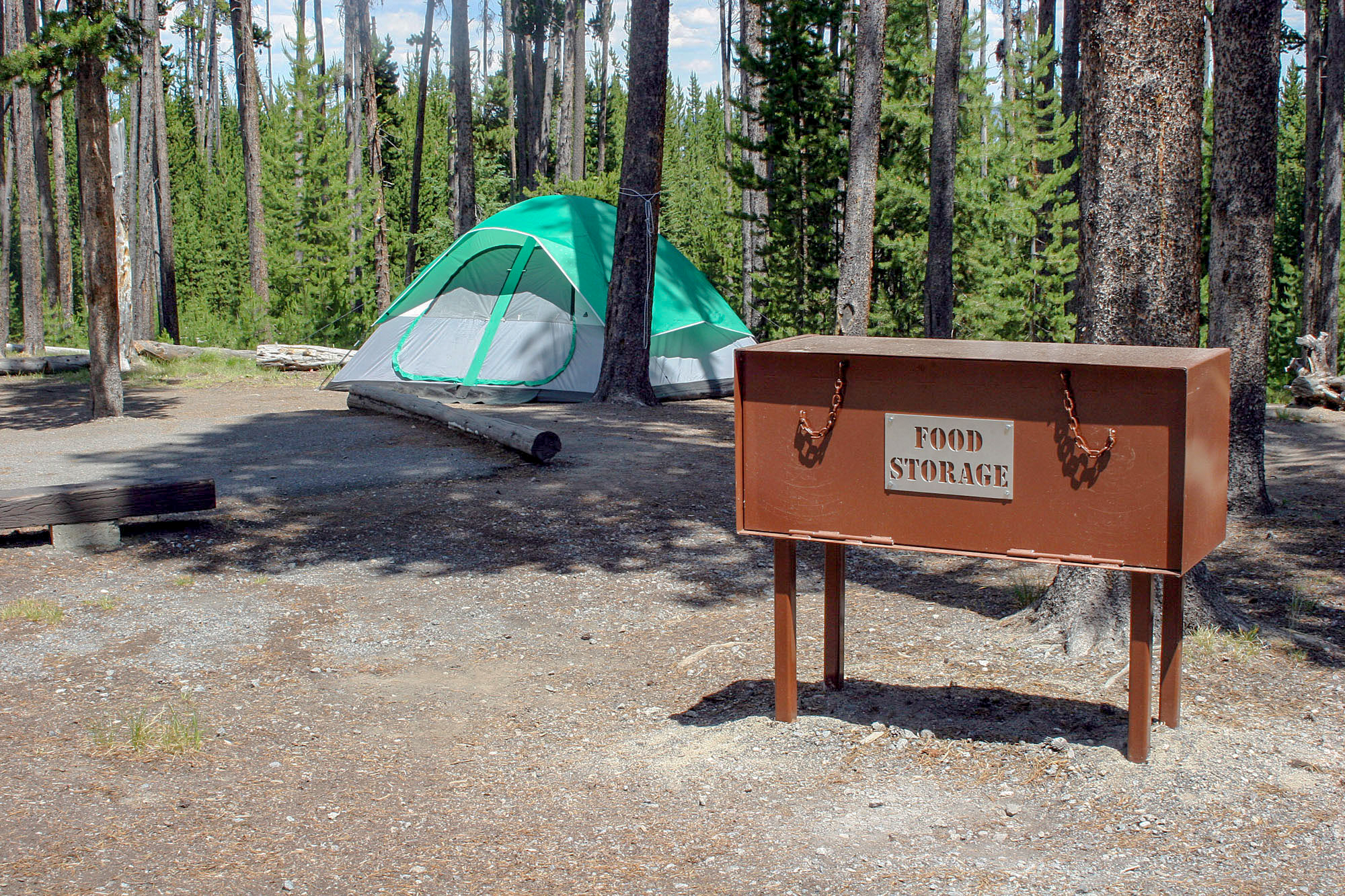 A green tent sits in capsite with a metal box in front of it labeled, "Food Storage."