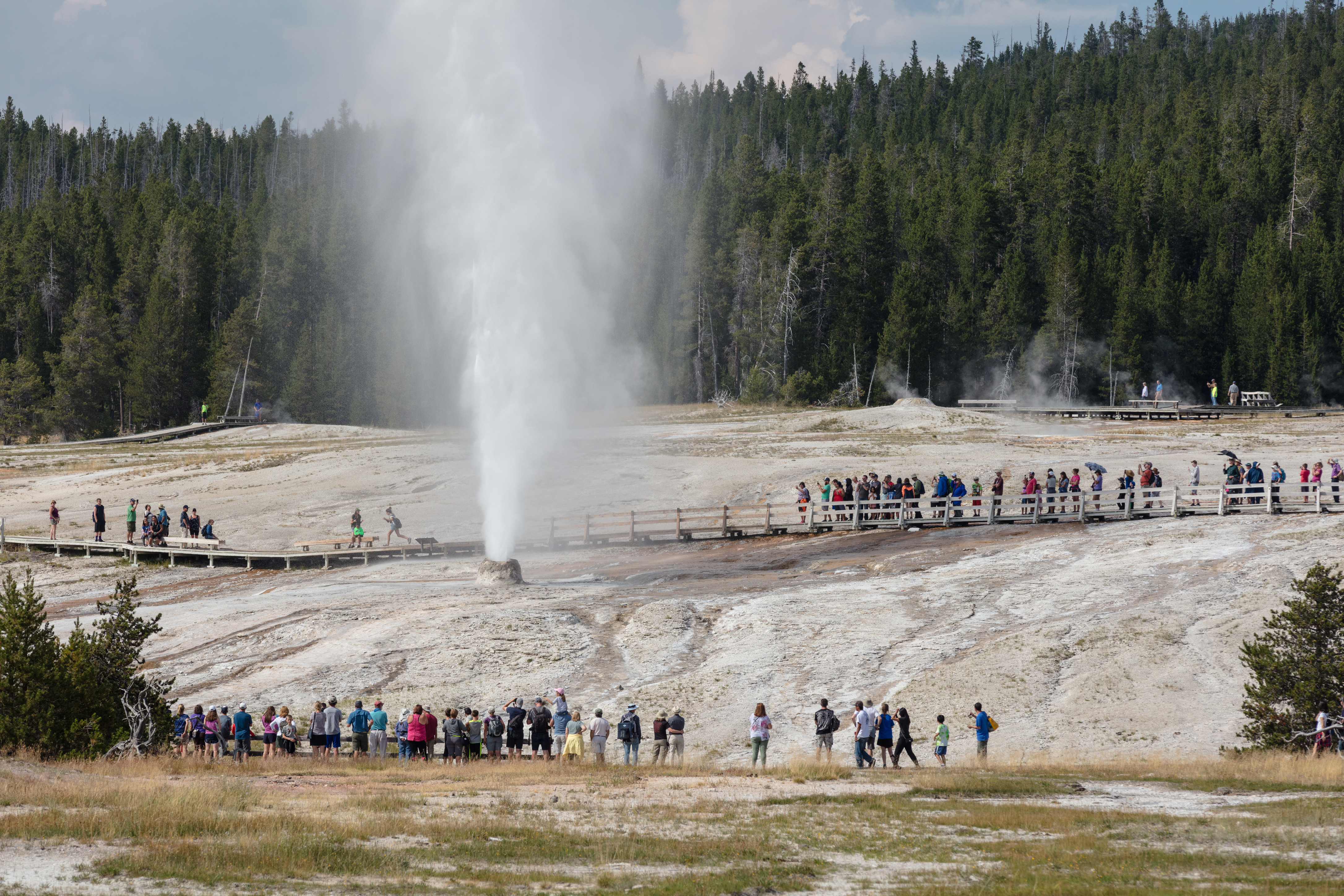 The boardwalk behind a tall geyser is line with people and the same for the boardwalk in front of the geyser