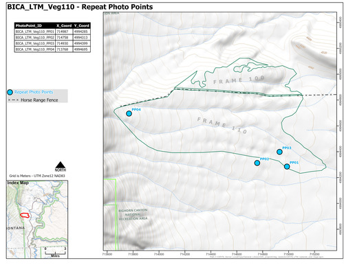 Map of repeat photo point locations for one of fifteen areas where long-term monitoring of sage-steppe vegetation occurs starting in 2011 in Bighorn Canyon National Recreation Area.