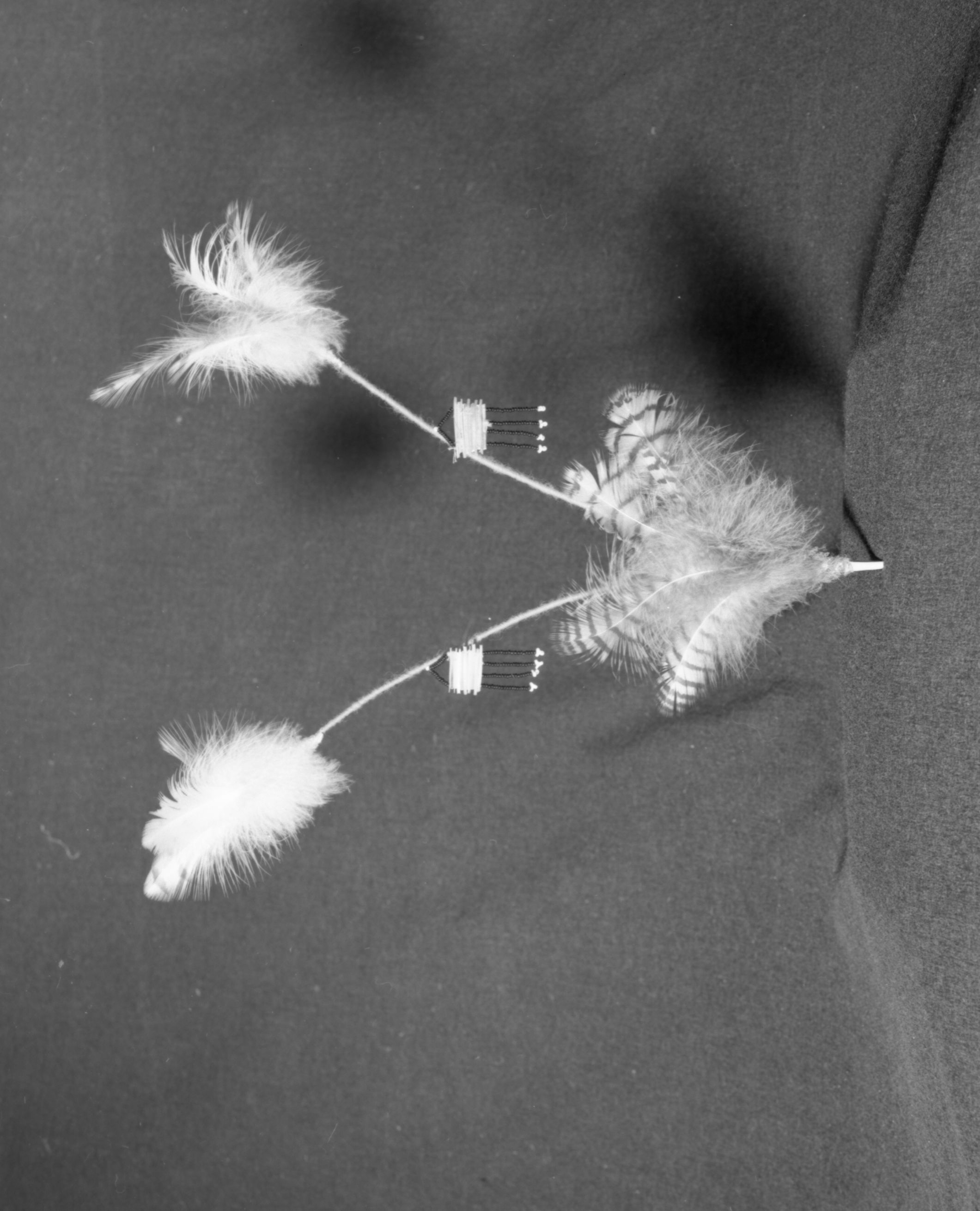 Marie Rozier Collection, Catalog No. 214. Object: Miwok hairpin. Dimensions: 17 1/4". Materials: hawk and owl feathers; flicker quills, red yarn, glass beads, sinew. Collection History: Made by Craig Bates, 1969. Photographed by Michael Dixon in December 1982. Catalogued by Craig Bates and Barbara Beroza. Yosemite Collections, National Park Service.