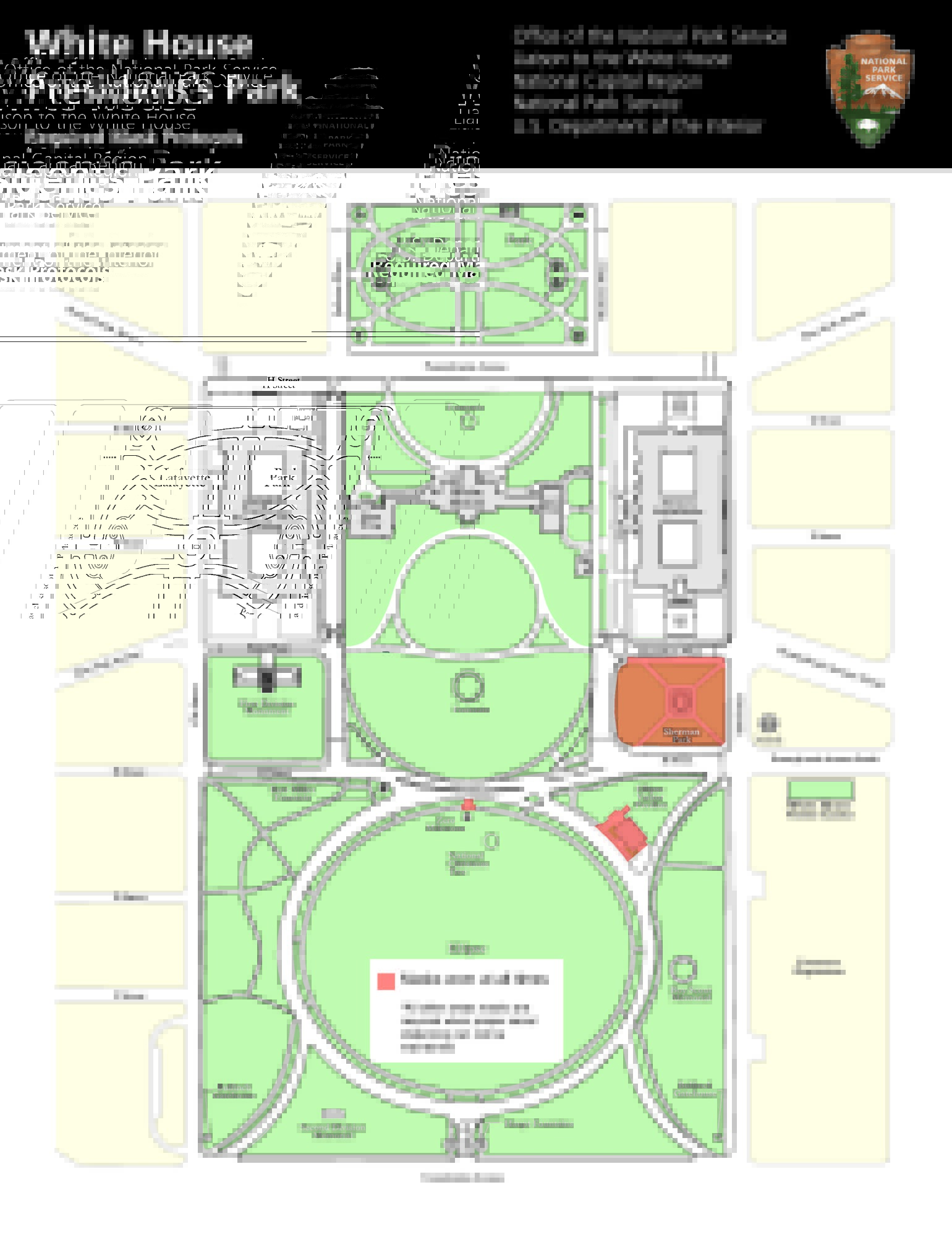 Map of President's Park with Sherman Park, Zero Milestone Marker, and Ellipse Visitor Pavilion areas highlighted in red.